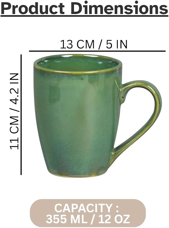 Servo Best Green Coffee Mugs 12 oz, Set of 6 Green Radiant Ceramic Mugs - Lead & Toxic Free, Dishwasher & Microwave Safe, Perfect for Home & Office Use