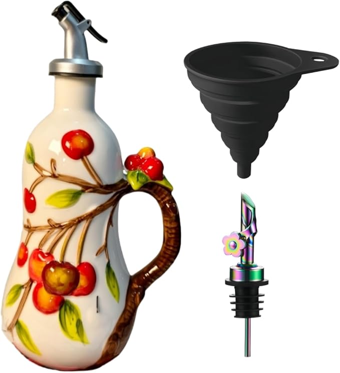 18.26oz/540ml Ceramic Olive Oil Dispenser Bottle,Hand Painted Reliefs Oil Dispenser for Kitchen,Oil Bottles for Kitchen (Cherry)