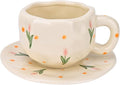 Koythin Ceramic Coffee Mug with Saucer Set, Cute Pink Tulip Flower Cup Unique Irregular Design for Office and Home, 10 oz/300 ml for Latte Tea Milk