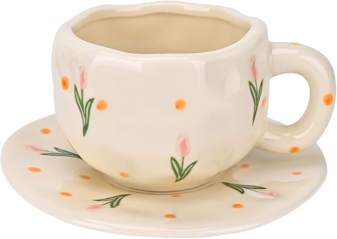 Koythin Ceramic Coffee Mug with Saucer Set, Cute Pink Tulip Flower Cup Unique Irregular Design for Office and Home, 10 oz/300 ml for Latte Tea Milk