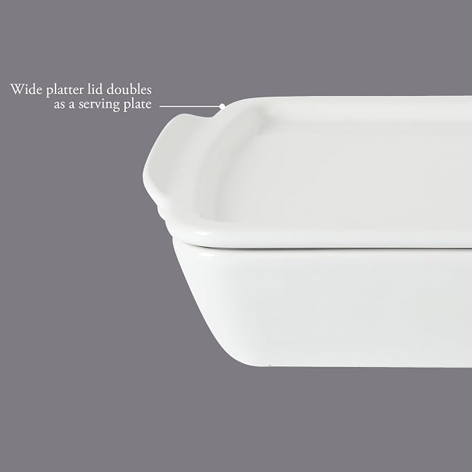 Gibson Home Gracious Dining 2.6-Qt White Stoneware Covered Baking Dish w/Multi-Purpose Lid – 12.7" x 9" Rectangular Oven Safe Casserole, Lasagna & Roasting Baker, Lid Doubles as Serveware or Trivet