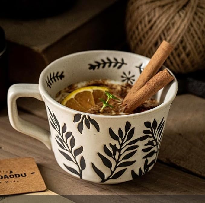 12OZ Stackable Coffee Mugs, Ceramic Coffee Mugs with Grass leaf pattern for Man,Woman,Dad,Mom, Modern Coffee Mugs Set of 2 for Latte,Cappuccino,Cocoa. Dishwasher&Microwave Safe(Leaf)