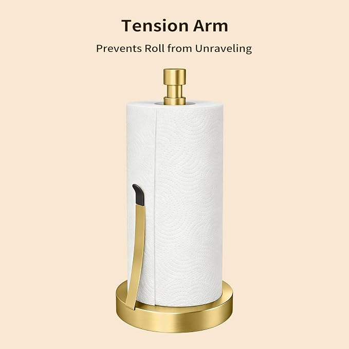 YUMORE Heavy Duty Stainless Steel Paper Towel Holder – Easy One-Handed Tear, Weighted Base Non-Slip, Tension Arm Prevents Unraveling, Countertop Paper Stand for Kitchen, Fits Most Size Rolls (Gold)
