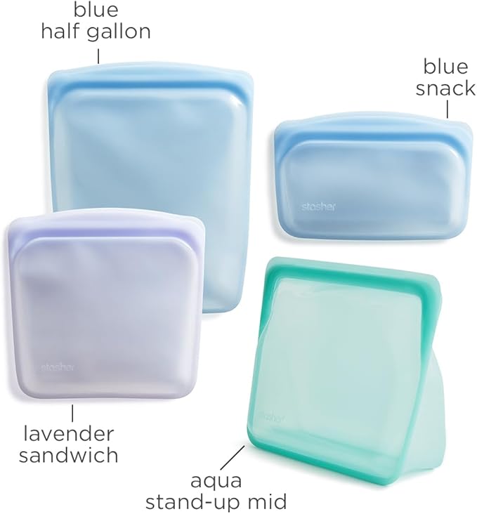Stasher Silicone Reusable Storage Bags, 4-Pack, Reusable Freezer Bags, Microwave, Dishwasher, Oven Safe, Sous Vide, Premium Lunch Containers, Eco Friendly, Food Storage Bags, Snack Bags, Multicolor | Reusable Food Bag