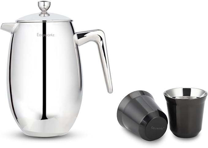 Easyworkz Nando French Press 34 oz, Bundled Stainless Steel Espresso Cup 2pcs Set Double Wall Insulated Metal Demitasse Cups 5 oz