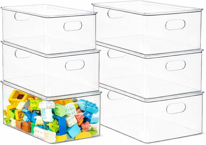 primebox Plastic Clear Stackable Storage Bins with Lids. Great for Pantry or Kitchen Organization. Fridge Organizer Containers. Cabinet, Bathroom Organizer. 6 Pack