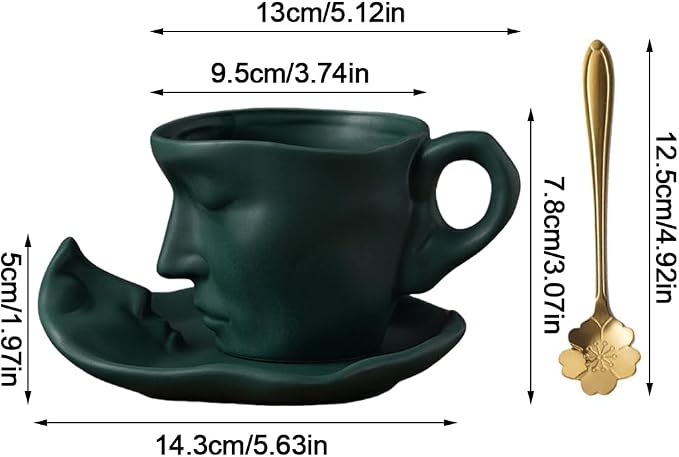 Human Face Ceramic Coffee Mug, 8.8oz/260ml Kissing Coffee Cup with Saucer Coffee Spoon, Tea Cup Milk Latte Espresso Cappuccino Juice Beverage Iced Tea Water Cups Drinkware (Green)