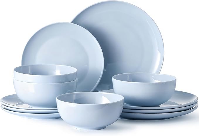 KINGSTONE 24-Piece Bone China Dinnerware Set for 8, Lightweight Porcelain Round Plates and Bowls Set, Durable Scratch Resistant Ceramic Dinner Set, Microwave & Dishwasher Safe, Misty Blue