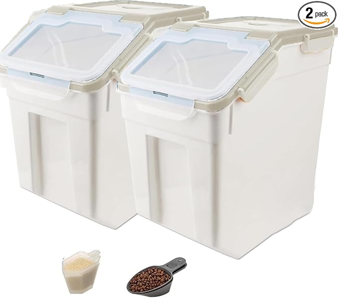 50LB Large Flour Storage Container Bin,2 Pack Airtight Plastic with Wheels Seal Locking Lid Dispenser Organizer Bin with Measuring Cup & Scoop for Flour, Rice, Grain 100LBS Total Capacity(Grey)
