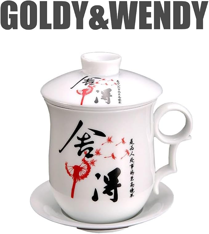 GOLDY&WENDY Chinese Pattern Tea-Mug with Strainer Infuser and Lid and Saucer Anti-scalding Handle Design Ceramic Tea Mug Convenient System