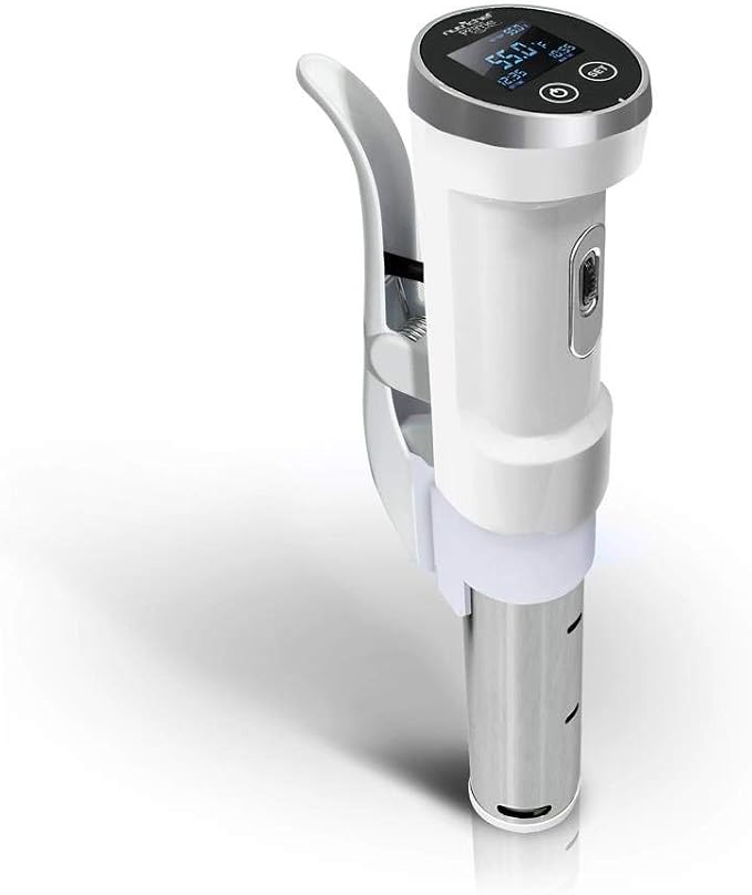 NutriChef Ultra-Quiet Sous Vide Cooker, 1200 Watt Thermal Immersion Circulator, Accurate Time / Temperature Digital LCD Display, Stainless Steel, Use with Ziplock Bags, White (PKPC120WT)