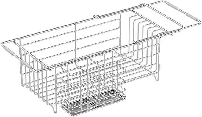 Expandable Stainless Steel Dish Drying Rack with Utensil Holder, Over The Sink Dish Drainer Basket for Kitchen, Space Saving Air Dry Organizer, Silvery, 40.5x18x13cm