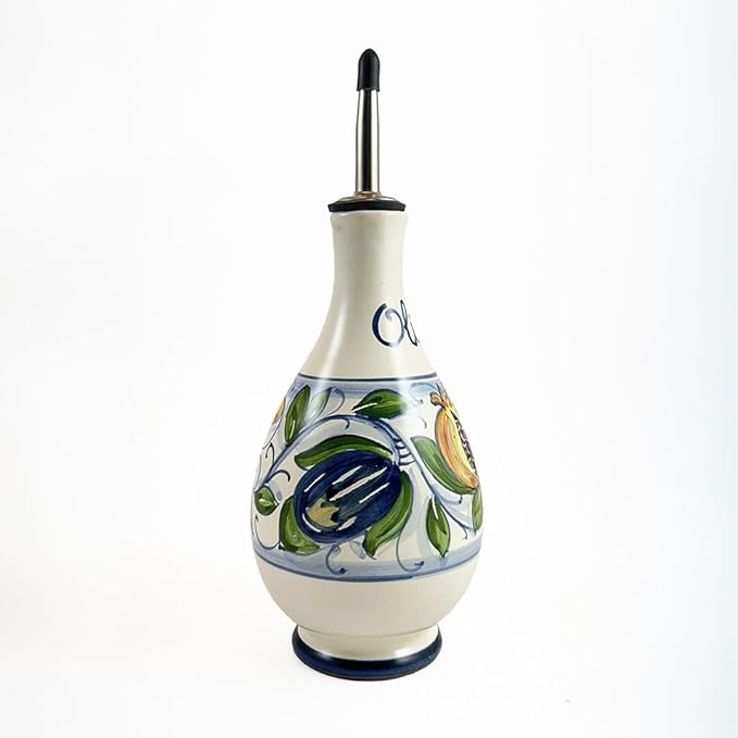 thatsArte - Hand-Painted Italian Ceramic Olive Oil Dispenser Bottle With Stainless Steel Spout - Venezia Oil Pourer by Rampini, Handmade in Gubbio, Made in Italy Cruet
