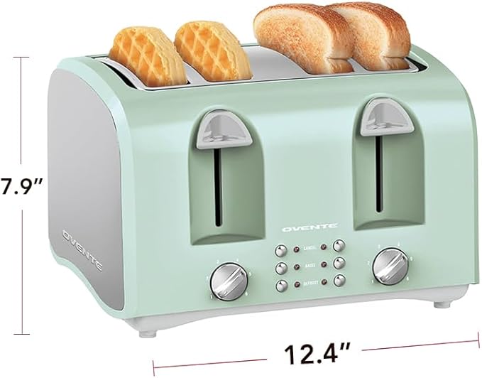 OVENTE Electric 4-Slice Toaster Machine with 6-Shade Selector Setting, Cancel Button, Defrost Function, Crumb Tray, 1400W Power and Wide Slots for Bagels, Waffles and Puff Pastry, Light Blue TS4410LBL