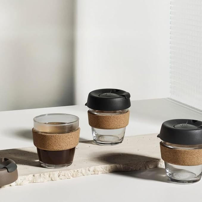 KeepCup Brew Cork, Reusable Glass Tumbler with Natural Cork, Espresso Coffee Cup 6oz/227ml - Black