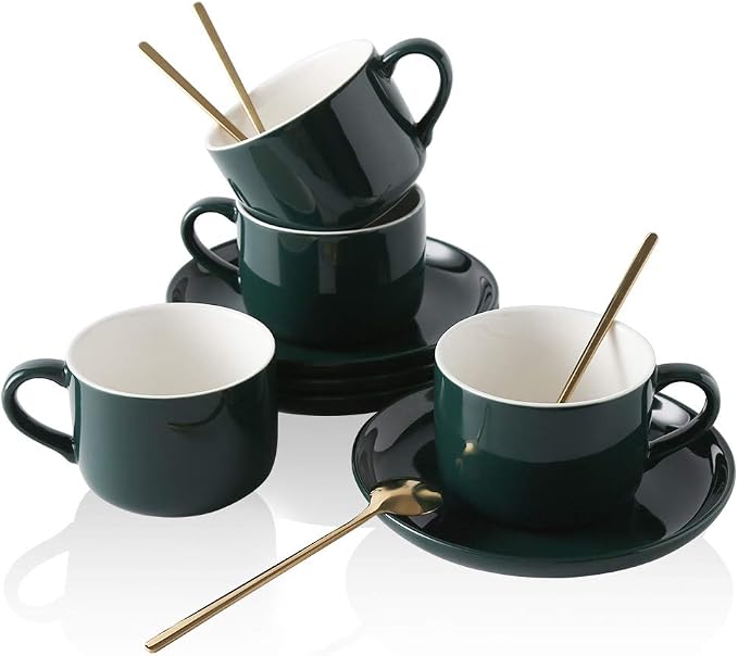 8oz Cappuccino Cups Set of 4, Tea Cups with Saucers and Spoons, Green Ceramic Tea Cups Set Coffee Mugs for Tea Cappuccino Espresso Latte Mocha Au Lait Macchiato Cafe