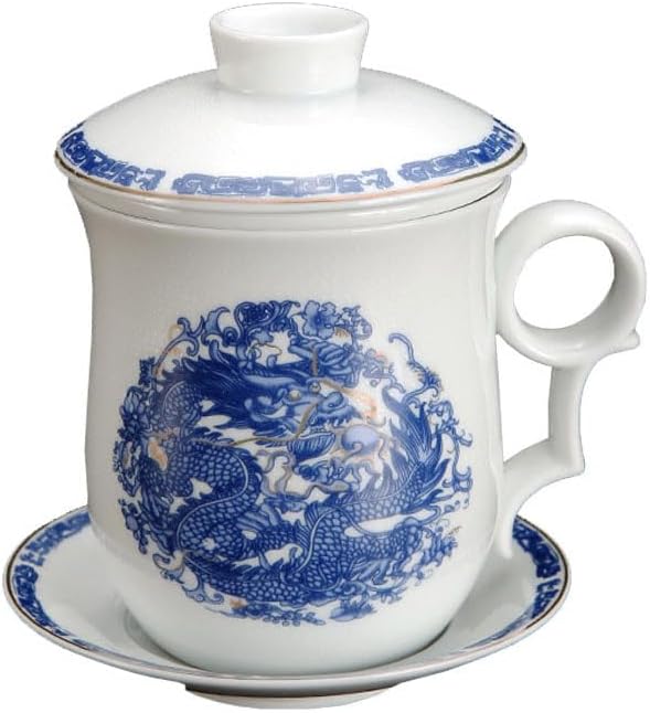 GOLDY&WENDY Exquisite Chinese Dragon Pattern Ceramic Tea Mug Set Porcelain Tea Cup with Infuser Lid and Saucer