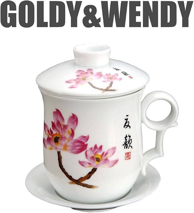 GOLDY&WENDY Chinese Ceramic Tea Mug with Strainer Infuser and Lid and Saucer Anti-scalding Handle Design Personal Tea Cup for Home Office