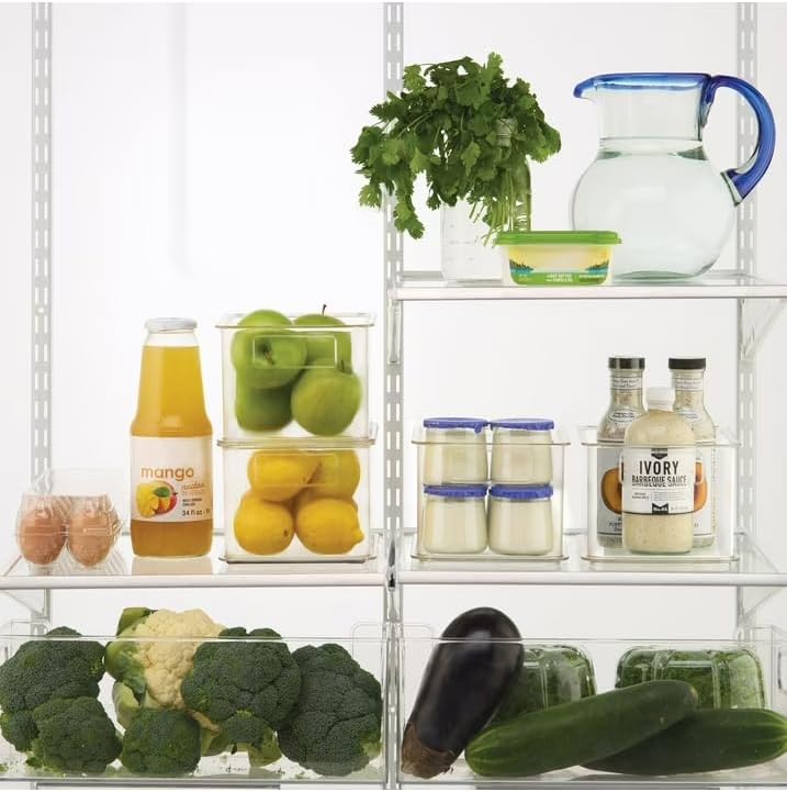 Clearly 4-Pack Clear Plastic Organizing Bins, 10x6.5x5 Inch – Stackable Pantry Storage with Handles – BPA-Free Fridge, Freezer, and Cabinet Organizer – Made in the USA