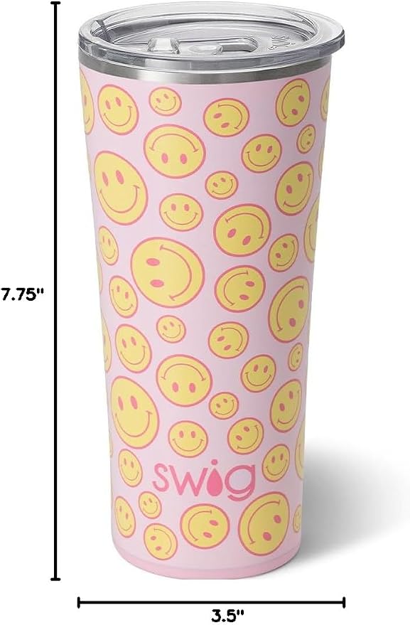 Swig Life 22oz Insulated Tumbler, Travel Coffee Tumbler with Lid, Cup Holder Friendly Travel Coffee Mug, Stainless Steel (Oh Happy Day)