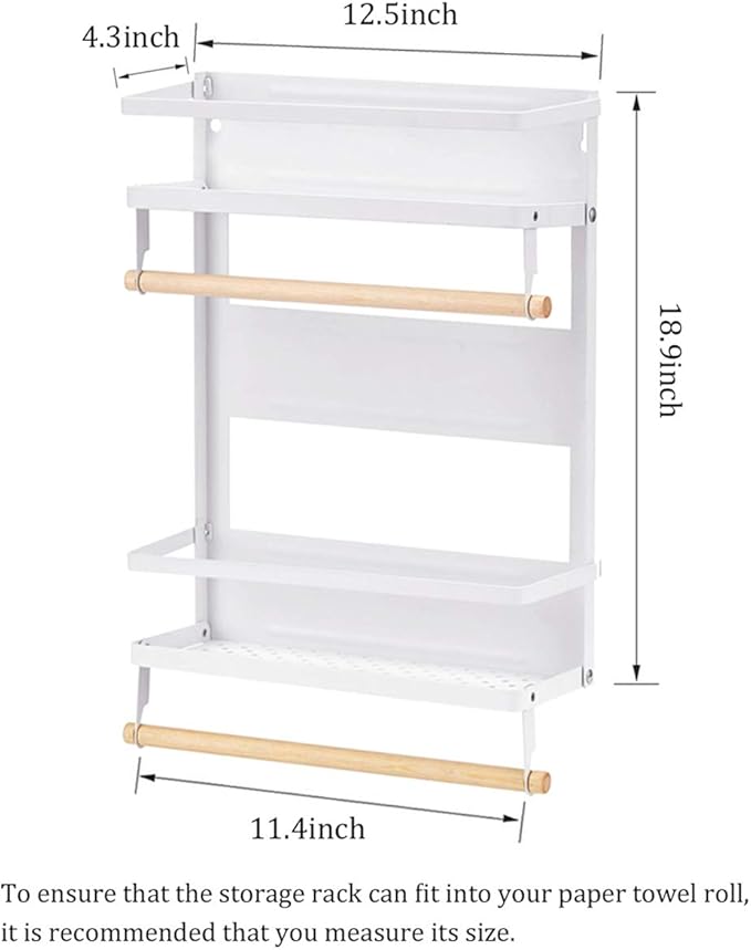 Refrigerator Magnetic Spice Rack,Foldable Kitchen Magnetic Side Storage Organizer Shelf with Wooden Holder,White