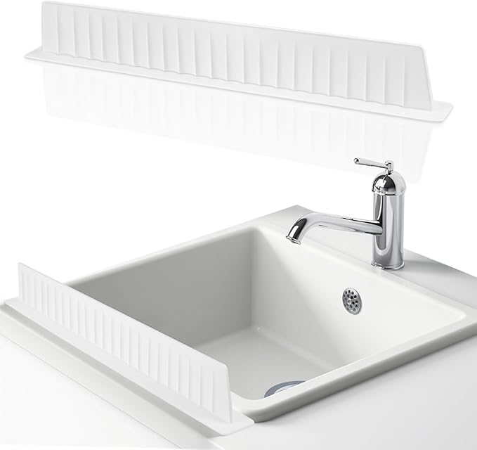Silicone Sink Splash Guard for Kitchen Edge, 20 Inch Long Water Barrier with Strong Suction Cups, White Dish Washing Baffle for Countertop, Wet Clothes Protector for Island & Bathroom, Reusa