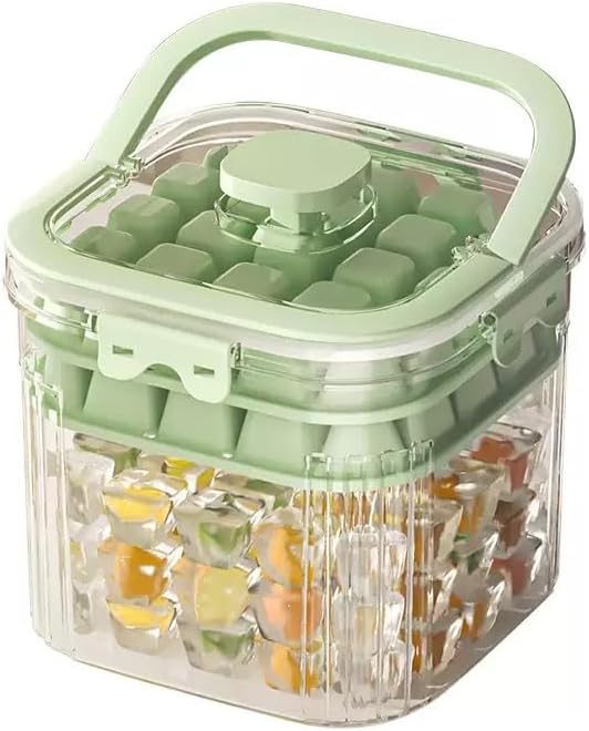 6.7*6.7*7.1in Ice Storage Bin w/ Two Small Ice Cube Trays Molds & Scoop for Home Bar, Small Ice Bucket with Sealed Lid for Freezer, Portable Refrigerator Ice Holder Containers for Outdoor Green