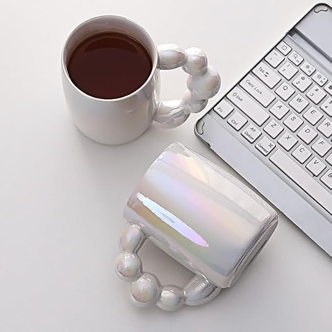 Pearl Ceramic Coffee Mug for Tea Latte Milk Cute Love Shape Cup for Home Office Women Gift 6.5 oz (Pearls White with Diamond, 380 ml)