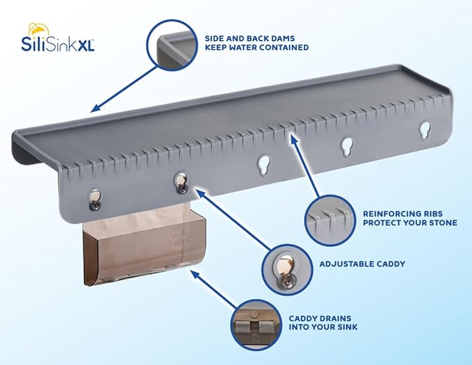 SiliProducts SiliSink XL Silicone Edge Guard for Kitchen Sink - Fits 3.75” - 4” Wide - The Original Silicone Sink Edge Protector with Sponge Caddy - Splash Guard, 20” Gray