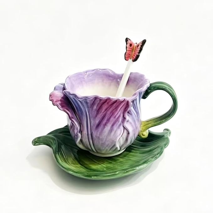 Ceramic Tea Cup and Saucer Set ，8OZ 3D Hand-Painted Flower Coffee Mug，Gift for Women -Pinkish Purple