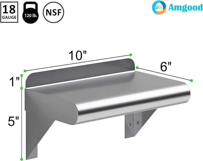 AmGood 6 in. x 10 in. Stainless Steel Wall Shelf | NSF Certified | Appliance & Equipment Metal Shelving | Kitchen, Restaurant, Garage, Laundry, Utility Room