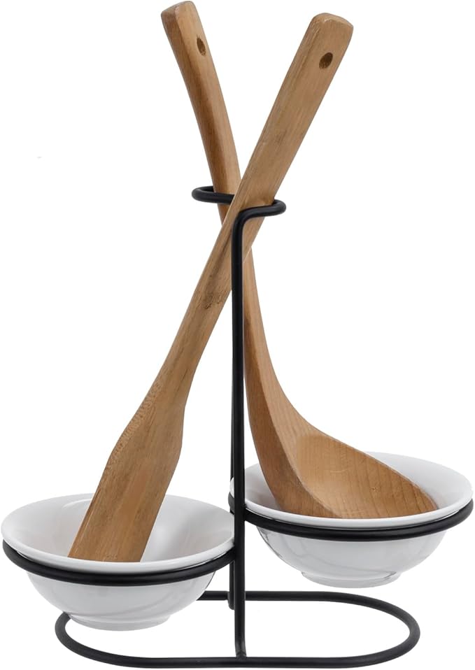 MyGift Countertop Ceramic Spoon Rest with Matte Black Metal Stand, Upright Ladle Holder Rack with 2 Bowl Dish