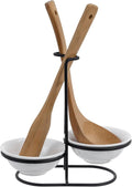 MyGift Countertop Ceramic Spoon Rest with Matte Black Metal Stand, Upright Ladle Holder Rack with 2 Bowl Dish