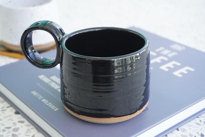 Bossa Stoneware Ceramic Cappuccino Cup 8oz Black Set of 2 | Handcrafted Specialty Coffee Mug with Glazed Glossy Finish, Raw Unglazed Base & Large Handle | Microwave & Dishwasher Safe