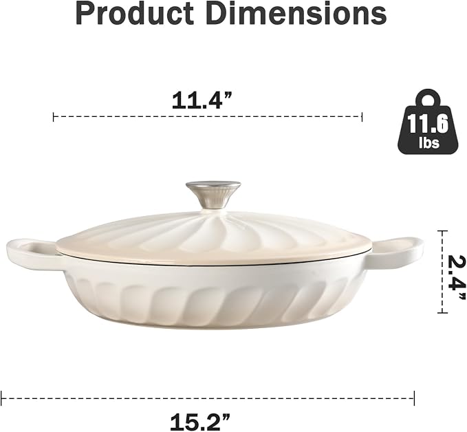 Enameled Cast Iron Dutch Oven, 3.8 Quart Dutch Oven Pot with Lid, Shallow Cast Iron Braiser with Handles, Oven Safe up to 500°F (Caramel White)