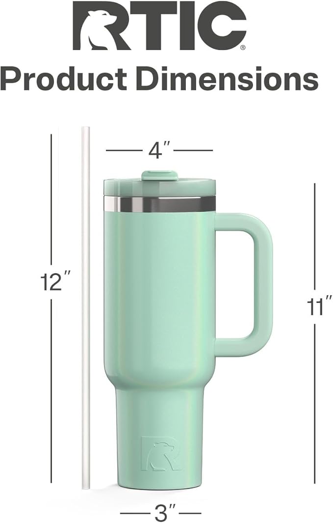 RTIC 40 oz Road Trip Tumbler Double-Walled Cermaic Lined Insulated Stainless Steel Portable Travel Coffee Mug Cup with Lid, Handle and Straw, Fresh Mint Glitter