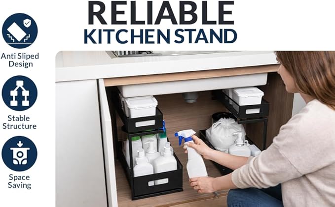 Under Sink Organizer Set of 2, Heavy Duty Matte Black Metal Cabinet Organizer with Retractable Shelves, Adjustable Height, Expandable Storage for Kitchen Bathroom and Laundry Room