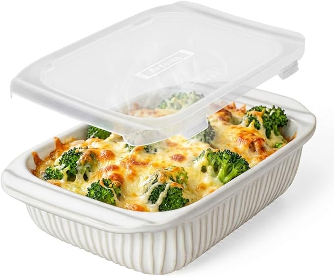 Artena Baking Dish 2.3 Quarts, Casserole Dishes For Oven, Baking Pan With Handles, Lasagna Pan Deep, Large Casserole Dish, Rectangular Ceramic Bakeware (White, With Lid)