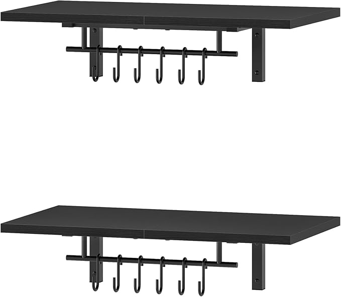 CHOEZON Wall-Mounted Pot Racks, Set of 2 Hanging Pot Rack, Floating Shelves, Vintage Pot Hangers for Kitchen, 2-Tier Hanging Shelves for Kitchen Storage, Black TPR26P2BB