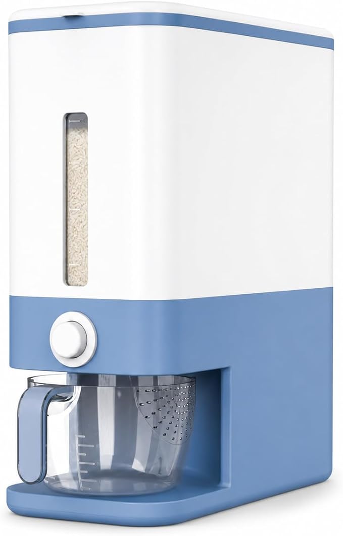 Proarea Rice Dispenser 25 Lbs, Airtight Rice and Grain Storage Container with Measuring Cup, One-Touch Dry Food Dispenser for Kitchen Pantry, Clear Scale Window, Blue