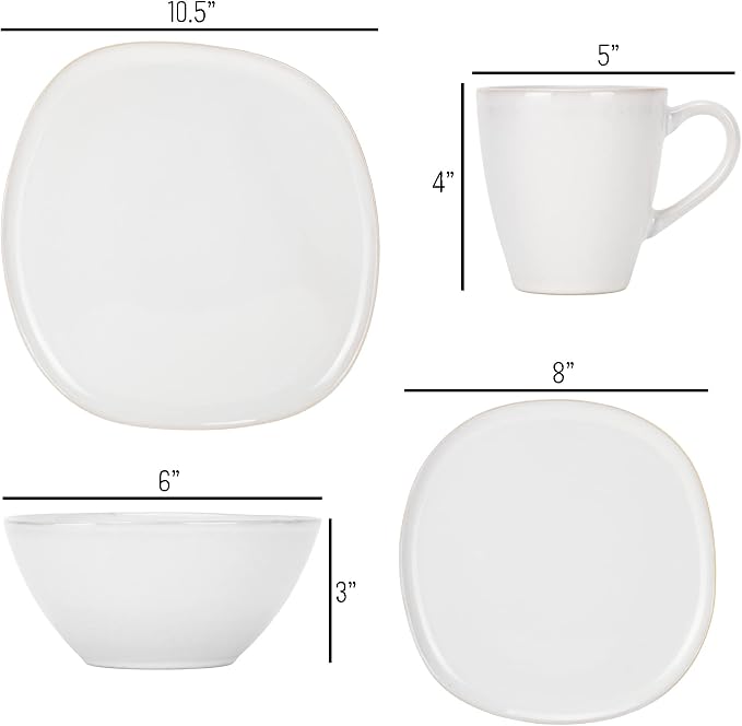 Elanze Designs 16-Piece Modern Luxury Chic Smooth Vintage Handmade Shape High Gloss Ceramic Stoneware Square Plate Mug & Bowl Kitchen Dinnerware 16 Piece Set - Service for 4, White