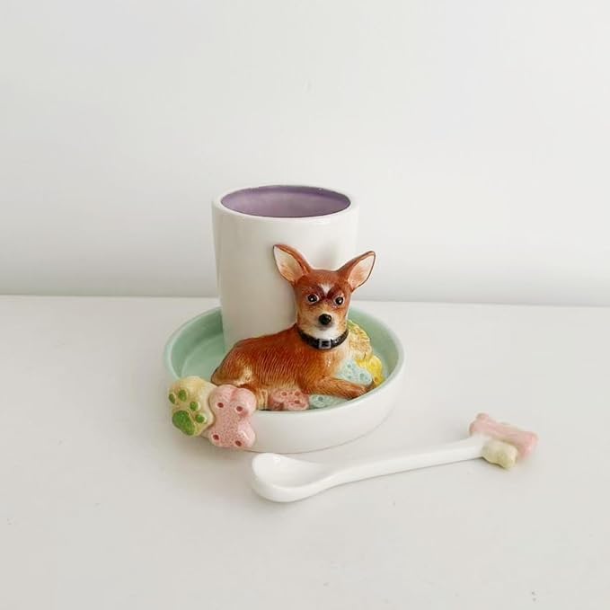 Ceramic Animal Coffee Mug Cup and Saucer Set，200ML(6.8OZ) 3D Hand-painted Tea Cup with Spoon (Brown)