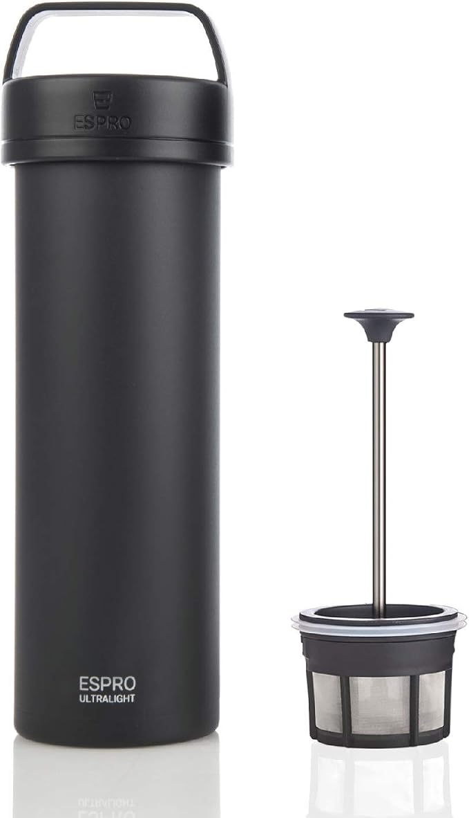 ESPRO Go P0 Ultralight French Press Coffee Maker for Travel, Vacuum Insulated Stainless Steel, 16 Ounces, Matte Meteorite Black