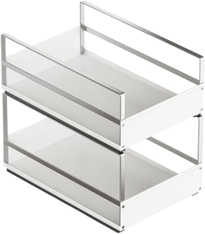 Pull Out Cabinet Organizer with Adhesive Nano Film, Heavy Duty Slide Out Pantry Shelves Drawer Storage, Under Sink Organizers for Bathroom, Kitchen (White,Stackable-11”W x 16.54”Dx 14.57”H)