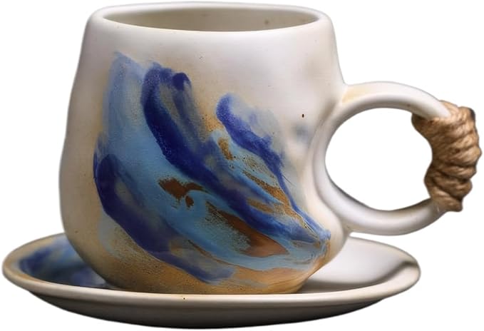 Little handmade ceramic pottery tea cup with saucer, espresso cup | Japanese style, 8 oz stoneware demitasse cup for lungo,cortado,Matcha, Americano
