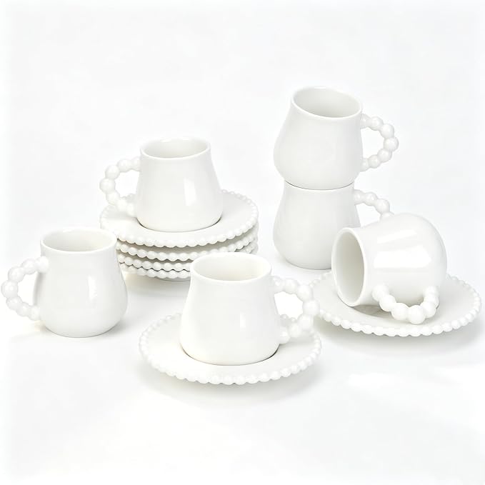 Coffee Cup Set of 6 with Saucers, 3.5 OZ Ceramic Espresso Cups, Demitasse Coffee Cup Gift for Double Shot, Latte, Cafe Mocha, Dishwasher & Microwave Safe, Elegant Deco (Pure White / 100 ml / 6 Sets)