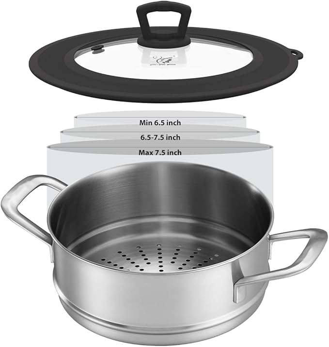 Vented Tempered Glass Universal Lid for Pot Pan Skillet with Heat Resistant Silicone Rim Microwave Splatter Lid Cover Microwave Safe Fit 6.5" 7" 7.5" Cookware, Dishwasher Safe Black