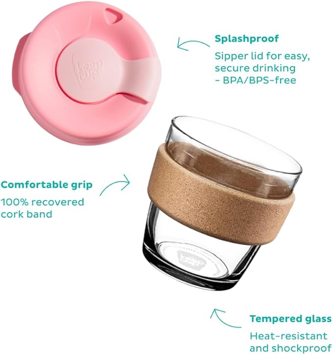 KeepCup Brew Cork, Reusable Glass Tumbler with Natural Cork, Espresso Coffee Cup 6oz/227ml - Black