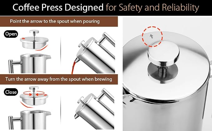 Miuly 34oz French Press Coffee Maker Stainless Steel Insulated Coffee Press Stainless Steel French Press 1 Liter (1000ML, Sliver)