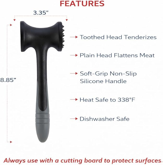 HIC Kitchen Soft-Grip Meat Tenderizer Mallet Marinating Prep Tool, Heat Safe, For Flattening Cutlets And Tenderizing Meat